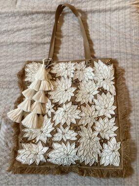 ANTHROPOLOGIE IbBan Beige Floral Appliqué Tote with Tassel Accent. NWT